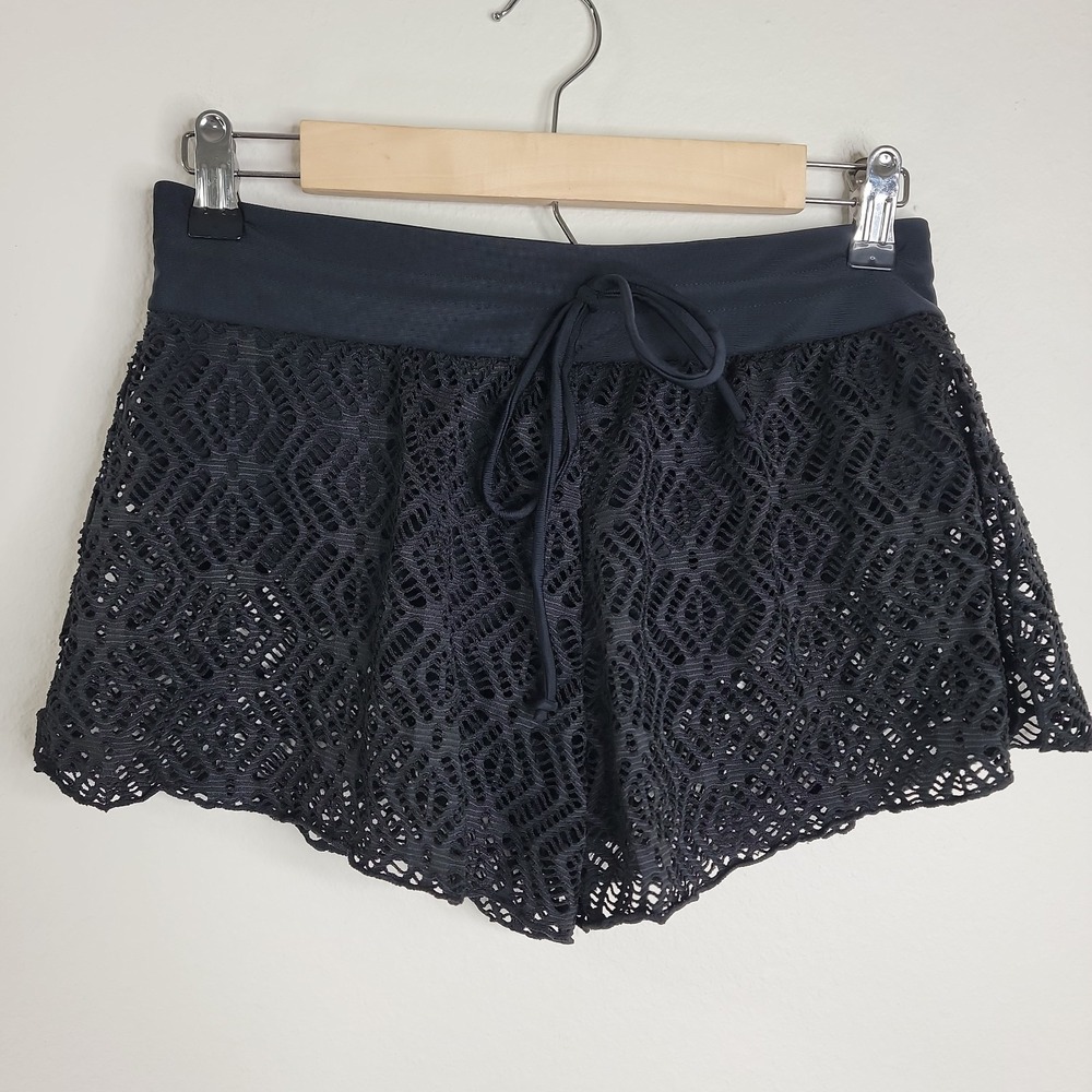 SHEIN‎ Women's Swim Cover Up Shorts Medium Black Crochet Lace Overlay Brief NWT